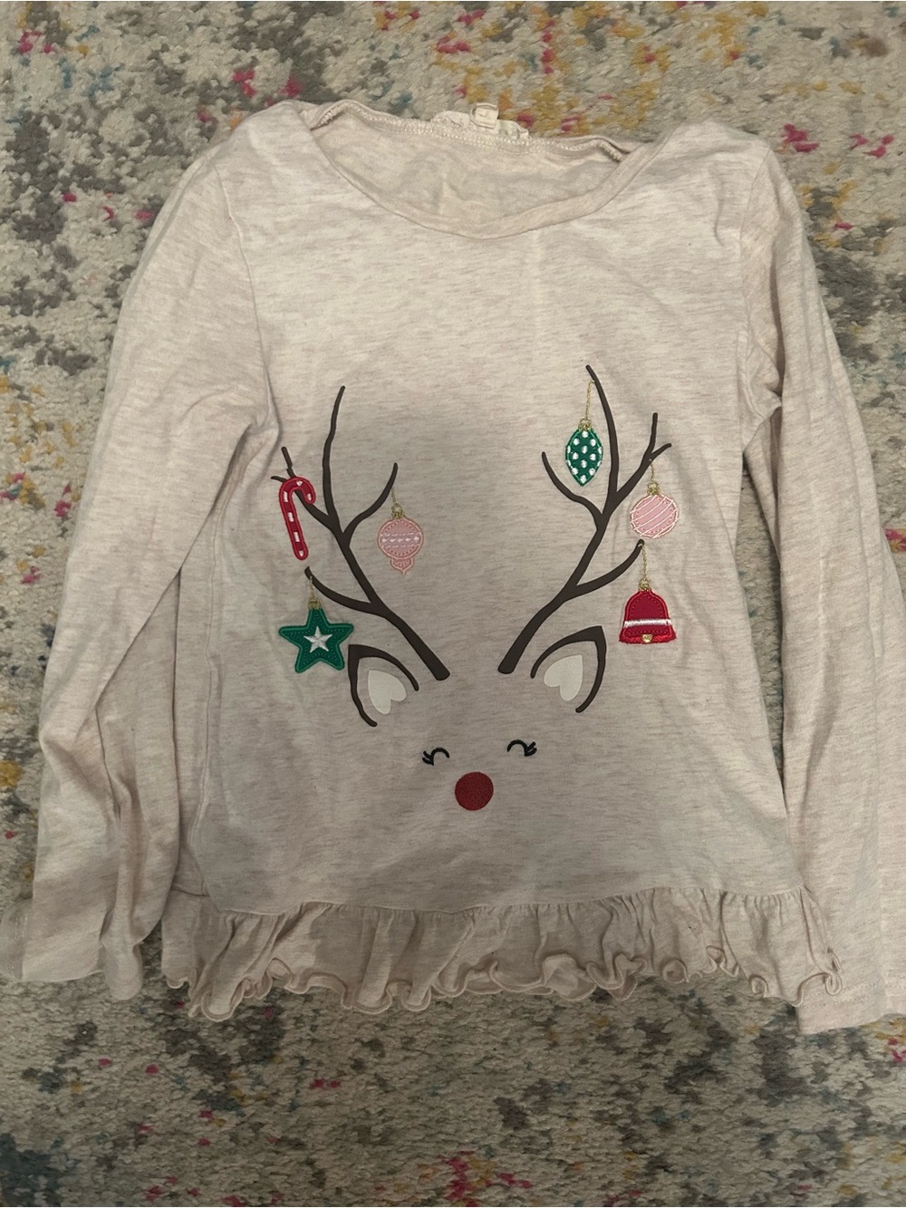 Copper Key Beige Reindeer Ruffle-Hem Long Sleeve Tee with Holiday Ornaments